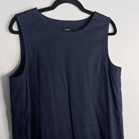 Theory 10 Navy Blue Didianne Linen Sleeveless Shift Dress Straight Cut Pockets - Picture 3 of 9